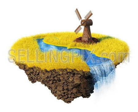 Mills, grain field, river with falls on the little magic planet. Piece of land in the air.  Concept of success and happiness, agriculture, idyllic ecological lifestyle. One of a series.