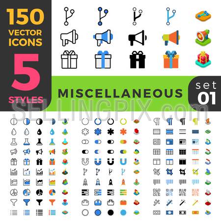 150 miscellaneous misc ui icon set. Linear outline flat isometric 5 styles icons. Vector mobile app application software interface web site element sign symbol 3d object collection.