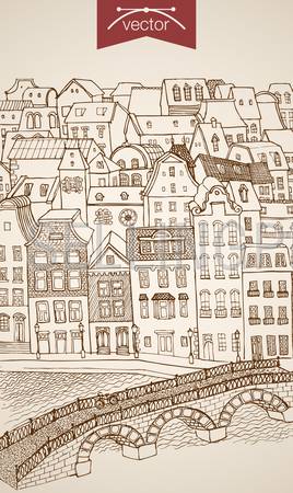 Engraving vintage hand drawn vector city street river bridge. Pencil Sketch architecture illustration.