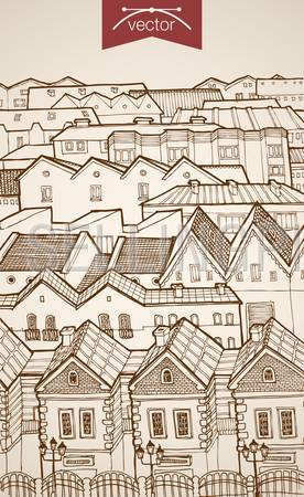 Engraving vintage hand drawn vector city roofs skyline horizon. Pencil Sketch architecture illustration.