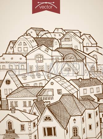 Engraving vintage hand drawn vector city roofs skyline horizon. Pencil Sketch architecture illustration.