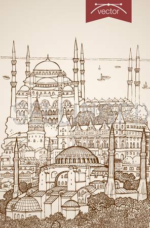 Engraving vintage hand drawn vector Istanbul, Turkey travel. Pencil Sketch Blue Mosque, Hagia Sophia sightseeing illustration.