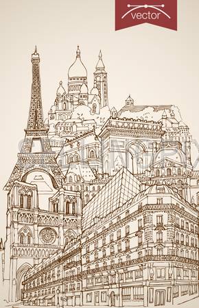 Engraving vintage hand drawn vector Paris, France travel. Pencil Sketch Eiffel Tower, Notre Dame de Paris, Arc de Triomphe sightseeing illustration.