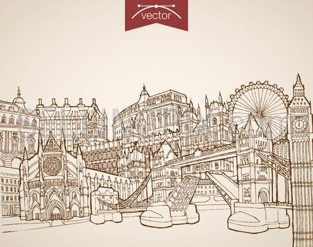 Engraving vintage hand drawn vector London, United Kingdom travel. Pencil Sketch Buckingham Palace, Big Ban, Eye, Tower Bridge sightseeing illustration.
