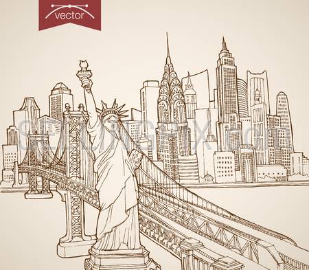 Engraving vintage hand drawn vector New York, United States travel. Pencil Sketch Statue of Liberty, Manhattan skyscrapers illustration.