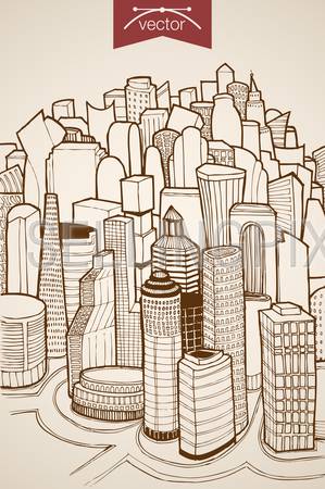 Engraving vintage hand drawn vector modern skyscraper city. Pencil Sketch illustration.