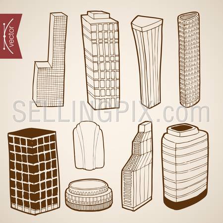 Engraving vintage hand drawn vector modern skyscraper city collection. Pencil Sketch illustration.