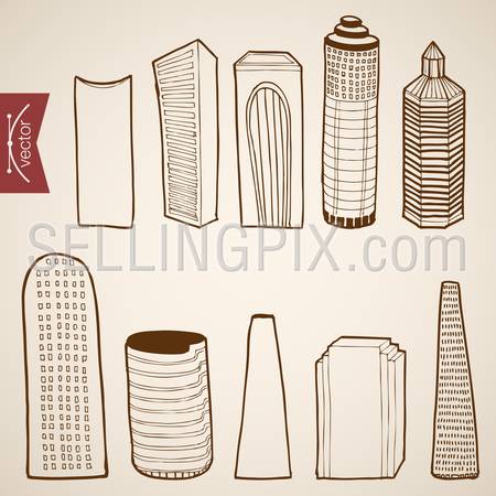 Engraving vintage hand drawn vector modern skyscraper city collection. Pencil Sketch illustration.