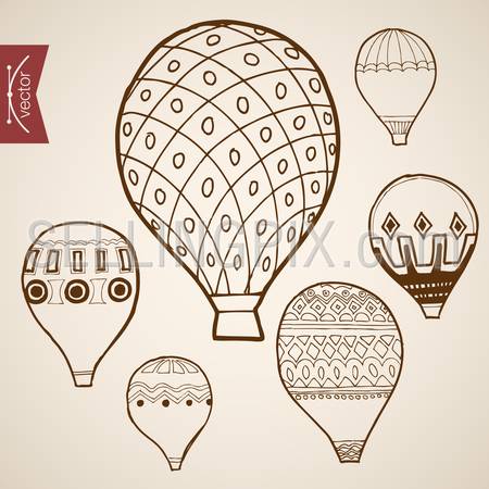Engraving vintage hand drawn vector flying balloon collection. Pencil Sketch illustration.