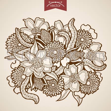 Engraving vintage hand drawn vector Flower bouquet. Pencil Sketch floristic shop illustration.