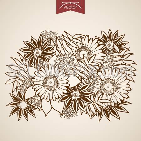 Engraving vintage hand drawn vector Flower bouquet. Pencil Sketch berry, chamomile floristic shop illustration.