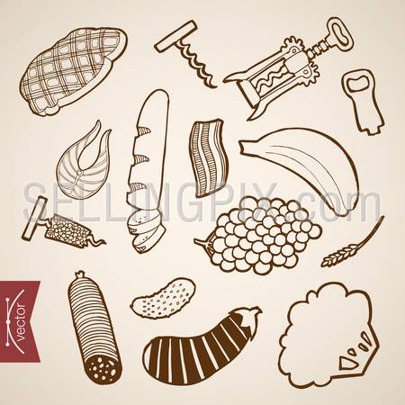 Engraving vintage hand drawn vector party snack collection. Pencil Sketch bread, banana, grapes, fish, cauliflower, cucumber, steak food shop illustration.