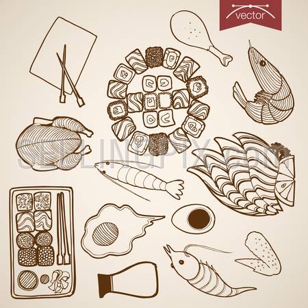 Engraving vintage hand drawn vector restaurant menu food collection. Pencil Sketch chicken, egg, meat, sushi roll, shrimp snack illustration.