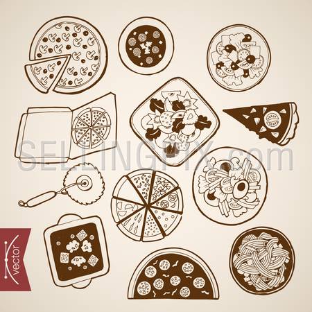 Engraving vintage hand drawn vector Italian pizzeria food collection. Pencil Sketch pizza, box snack illustration.