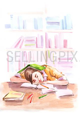 Watercolor painting girl student fall asleep sleeps in library concept. Education study knowledge concept. Collection of hand made water color art paintings.