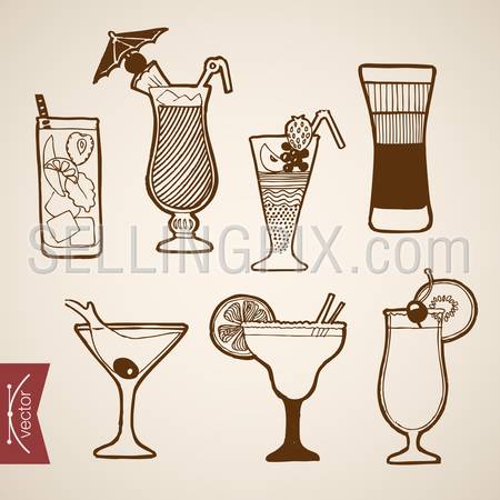 Engraving vintage hand drawn vector cocktail alcohol bar collection. Pencil Sketch mojito, B52, tequila, bloody Mary short long drink illustration.