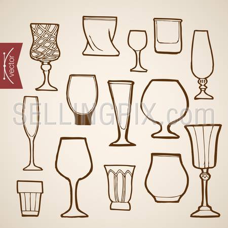Engraving vintage hand drawn vector restaurant stemware collection. Pencil Sketch Cognac, wine, cocktail, champaign glass dishes illustration.