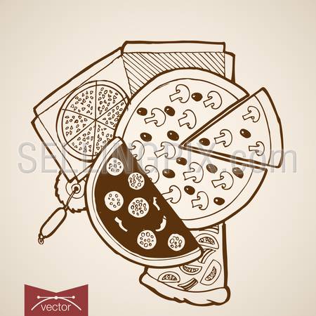 Engraving vintage hand drawn vector pizza box. Pencil Sketch Italian pizzeria food illustration.
