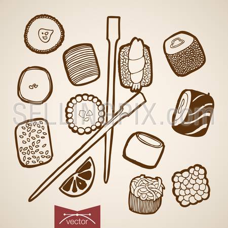 Engraving vintage hand drawn vector Japanese restaurant food collection. Pencil Sketch Sushi roll, wood sticks, lemon illustration.