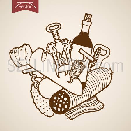Engraving vintage hand drawn vector party snack. Pencil Sketch cucumber, beacon, ear, wheat, wine food beverages illustration.