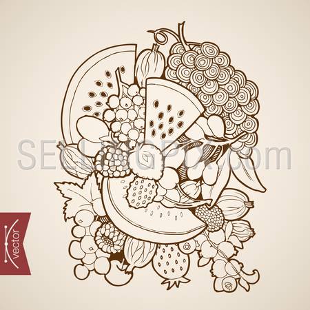 Engraving vintage hand drawn vector fruit. Pencil Sketch melon, watermelon, berry, strawberry, grapes, figs, raspberries, cherry illustration.