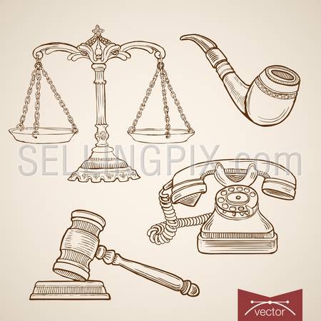 Engraving vintage hand drawn vector Law and Justice collection. Pencil Sketch Judge trial Libra and Gavel, Detective Pipe and Phone illustration.