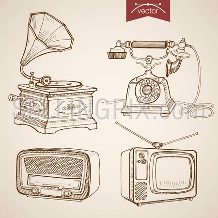 Engraving vintage hand drawn vector video music sound retro equipment collection. Pencil Sketch Phone, Gramophone, Radio, TV media illustration.