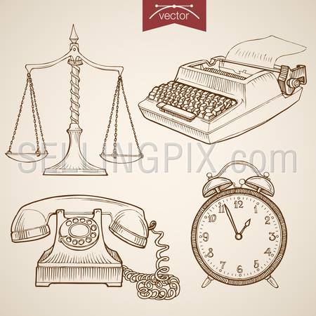 Engraving vintage hand drawn vector Law and Justice collection. Pencil Sketch Judge trial Libra, Phone, Clock, Typewriter illustration.