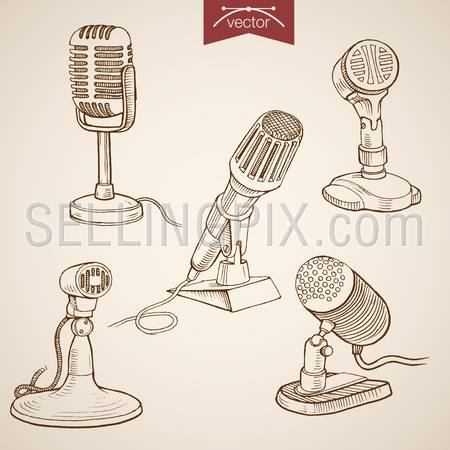 Engraving vintage hand drawn vector retro evolution of Microphone collection. Pencil Sketch Radio, Audio Recording media equipment illustration.