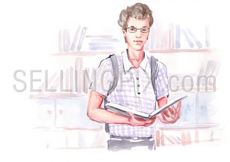 Watercolor painting boy male student holds open book in library. Education study knowledge concept. Collection of hand made water color art paintings.