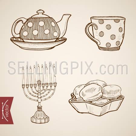 Engraving vintage hand drawn vector Coffee, Tea with Cakes collection. Pencil Sketch desert and cup of drink illustration.