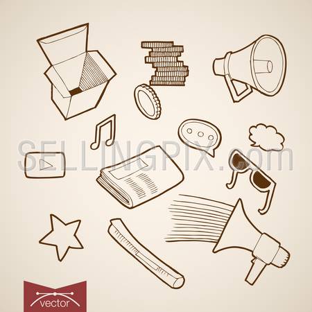 Engraving vintage hand drawn vector information and promotion collection. Pencil Sketch Mouthpiece, Message chat bubble, Speaker phone, magazine inform illustration.