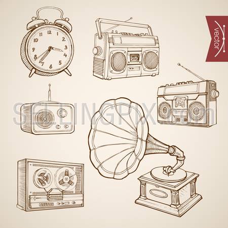Engraving vintage hand drawn vector music and sound retro equipment collection. Pencil Sketch Gramophone, Tape recorder, Radio, Clock illustration.