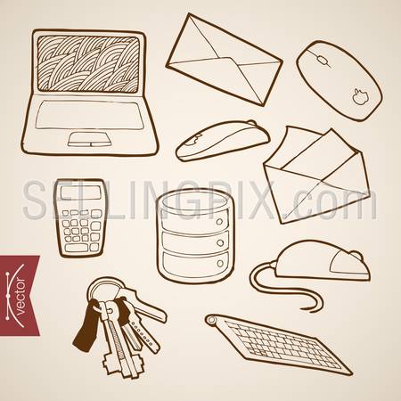 Engraving vintage hand drawn vector working place Laptop, Letter, Calculator, Mouse collection. Pencil Sketch office supplies illustration.