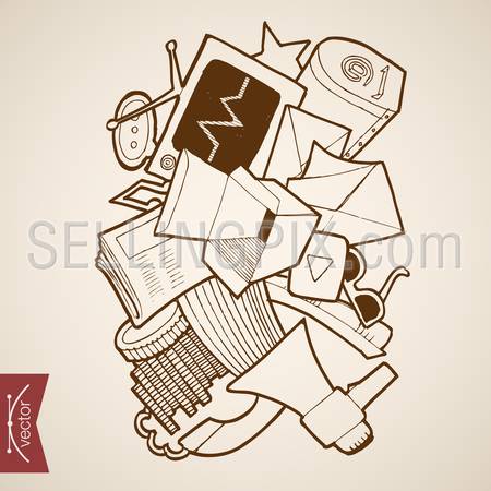 Engraving vintage hand drawn vector promotion Pencil Sketch illustration.
Mouthpiece, Message chat bubble, Speaker phone, Mail box, Letter, Magazine.