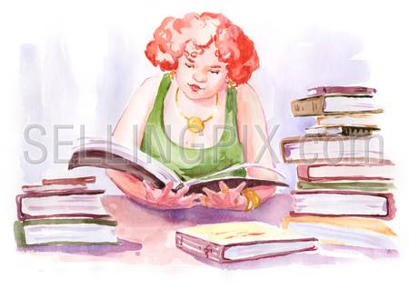 Watercolor painting girl reading book in library. Education study knowledge concept. Collection of hand made water color art paintings.
