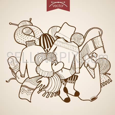 Engraving vintage hand drawn vector winter knitted clothes. Pencil Sketch hat, pullover, knitting scarf illustration.