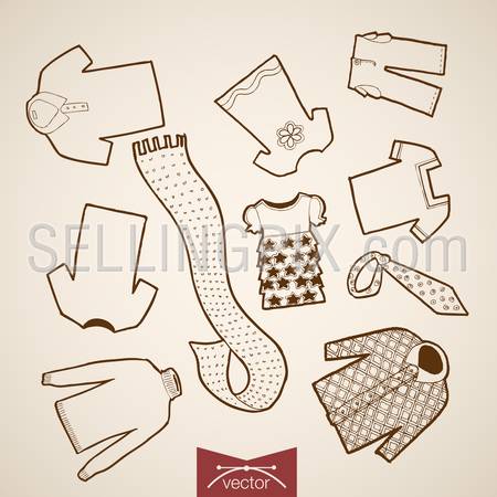 Engraving vintage hand drawn vector Sweeter, Dress, Jacket, Scarf children clothes collection. Pencil Sketch belongings and accessories illustration.