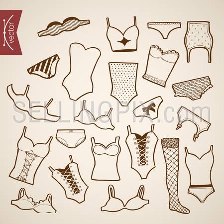 Engraving vintage hand drawn vector underwear clothes and accessories collection. Pencil Sketch wear belongings illustration.