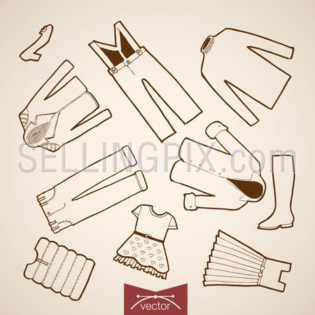 Engraving vintage hand drawn vector Shoes, Dress, jacket children clothes collection. Pencil Sketch belongings and accessories illustration.