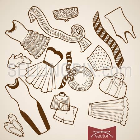 Engraving vintage hand drawn vector Shoes, dress, skirt, bag, sweeter, hat, jacket woman clothes collection. Pencil Sketch belongings and accessories illustration.