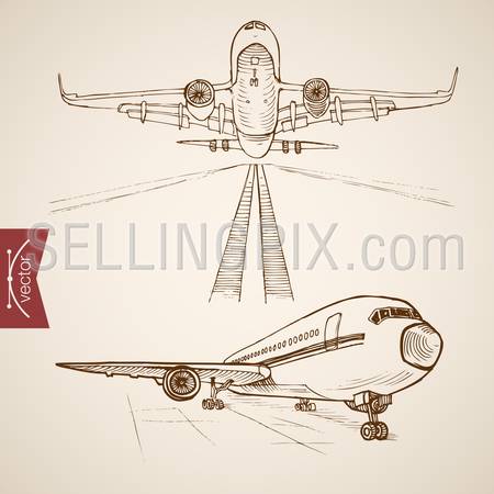 Engraving vintage hand drawn vector Air transport collection. Pencil Sketch plane transportation illustration.