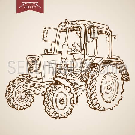 Engraving vintage hand drawn vector tractor image. Pencil Sketch Farm Machinery illustration.