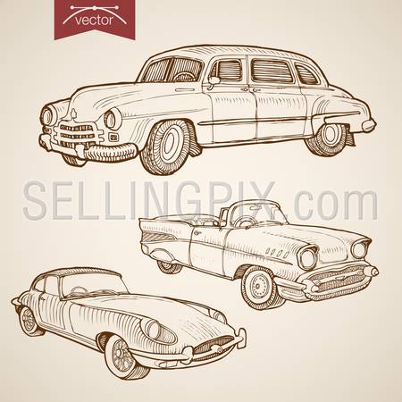 Engraving vintage hand drawn vector retro car collection. Pencil Sketch wheeled transport illustration.