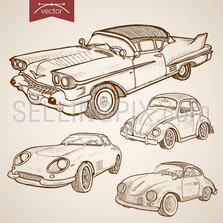 Engraving vintage hand drawn vector retro car collection. Pencil Sketch wheeled transport illustration.