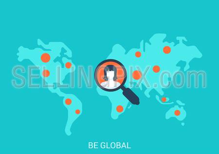 Flat style design vector illustration globalisation concept. Collage world map red dot points magnifying glass woman profile avatar targeting search social media. Big flat conceptual collection.