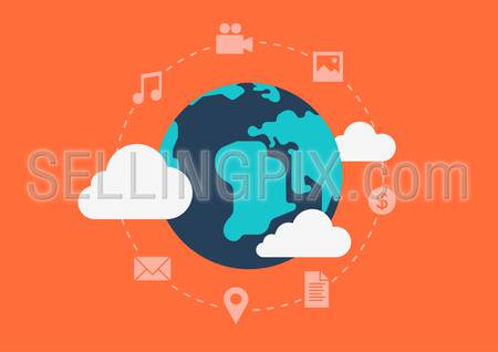 Flat style design vector illustration globalisation cloud social media content abstract concept. Collage world map cloud icons money coin media data files messages. Big flat conceptual collection.
