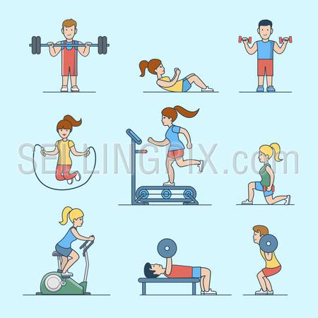 Linear Flat Sport workout health life concepts set for website hero images.
Woman, man pumping iron training exercise vector illustration.