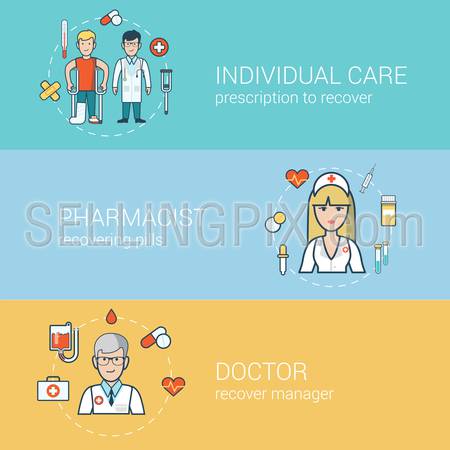Linear Flat medical staff, health care concepts set for website hero images.
Doctor with patient on crutches, nurse, pharmacist professional help vector illustration.
