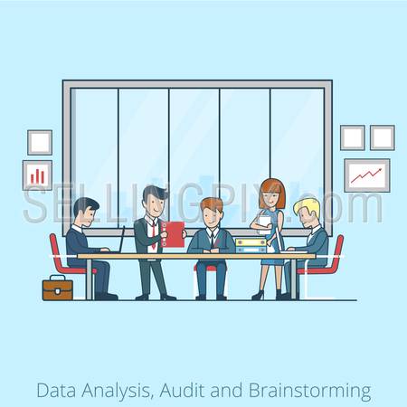 Linear Flat Business people brainstorming in meeting room vector illustration.
Businessman, secretary, manager, client characters. Team Analysis, Audit, Planing concept.